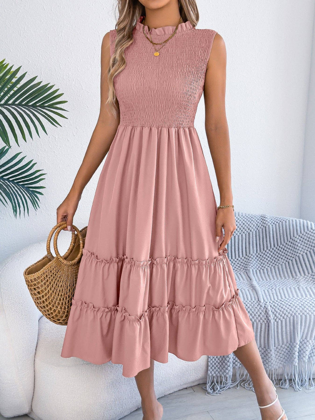 Smocked Sleeveless Ruffle Midi Dress Flowy Summer: Black / 95% Polyester+5% Elastane / L