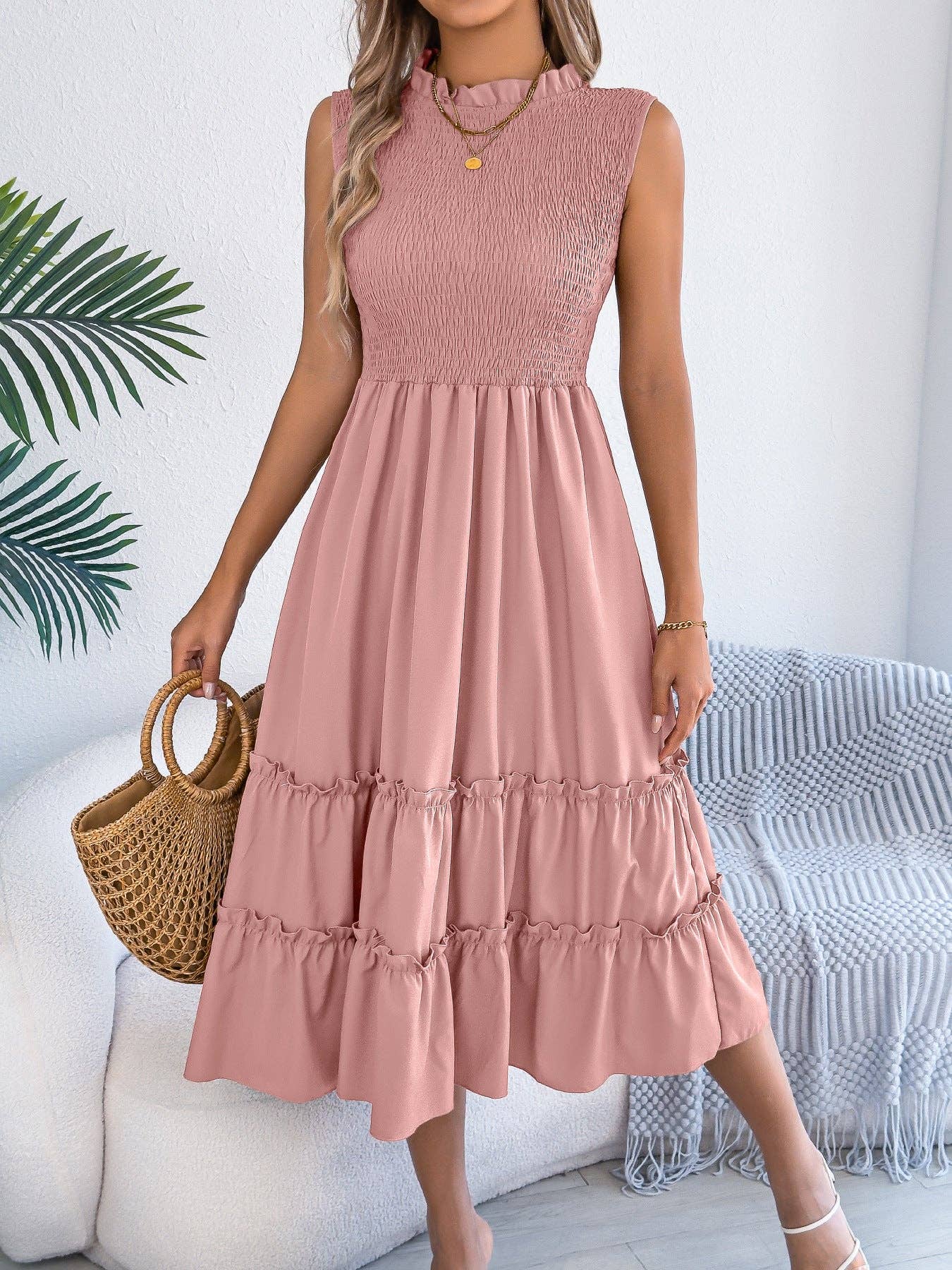 Smocked Sleeveless Ruffle Midi Dress Flowy Summer: Black / 95% Polyester+5% Elastane / L