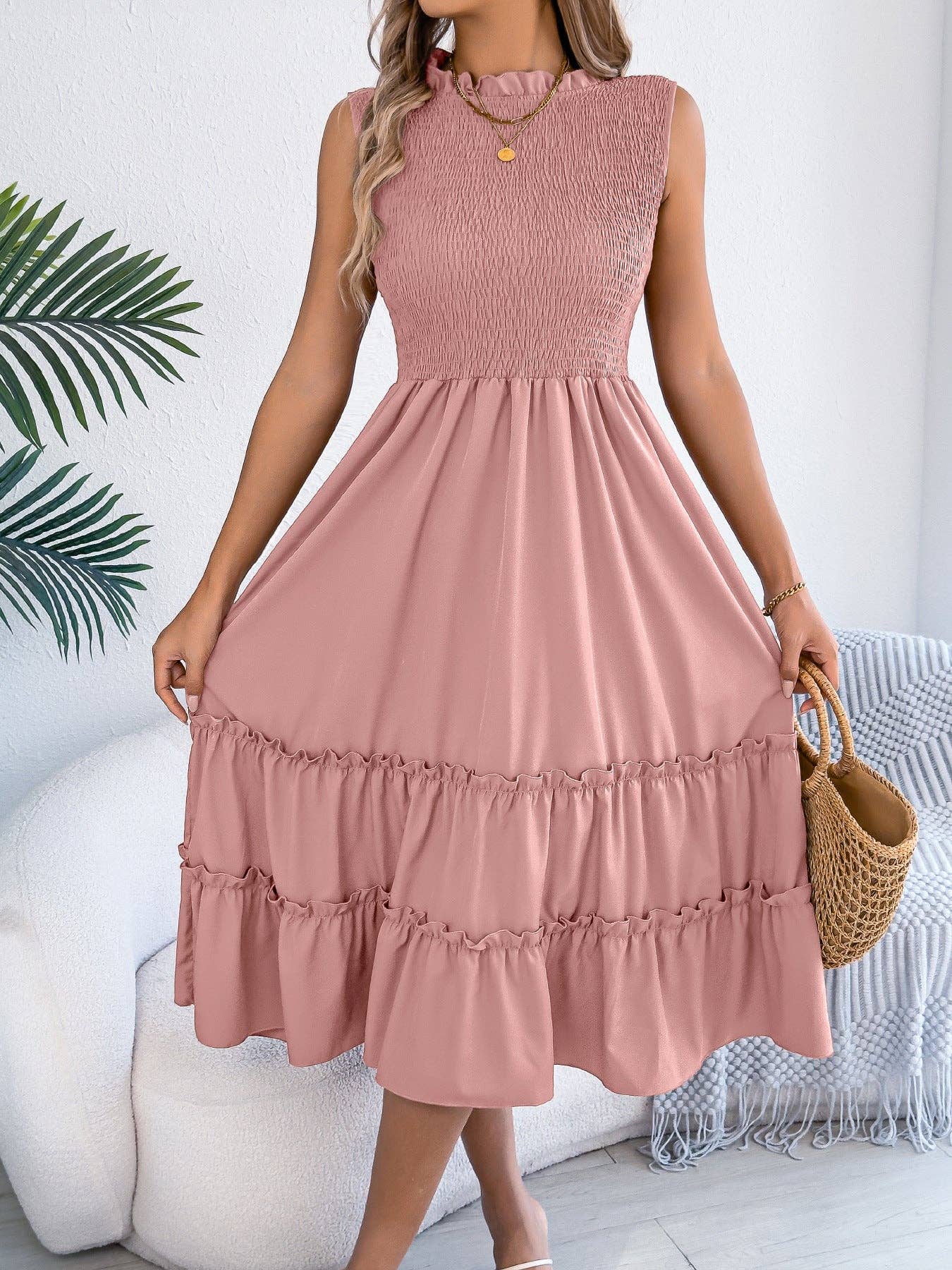 Smocked Sleeveless Ruffle Midi Dress Flowy Summer: Black / 95% Polyester+5% Elastane / L