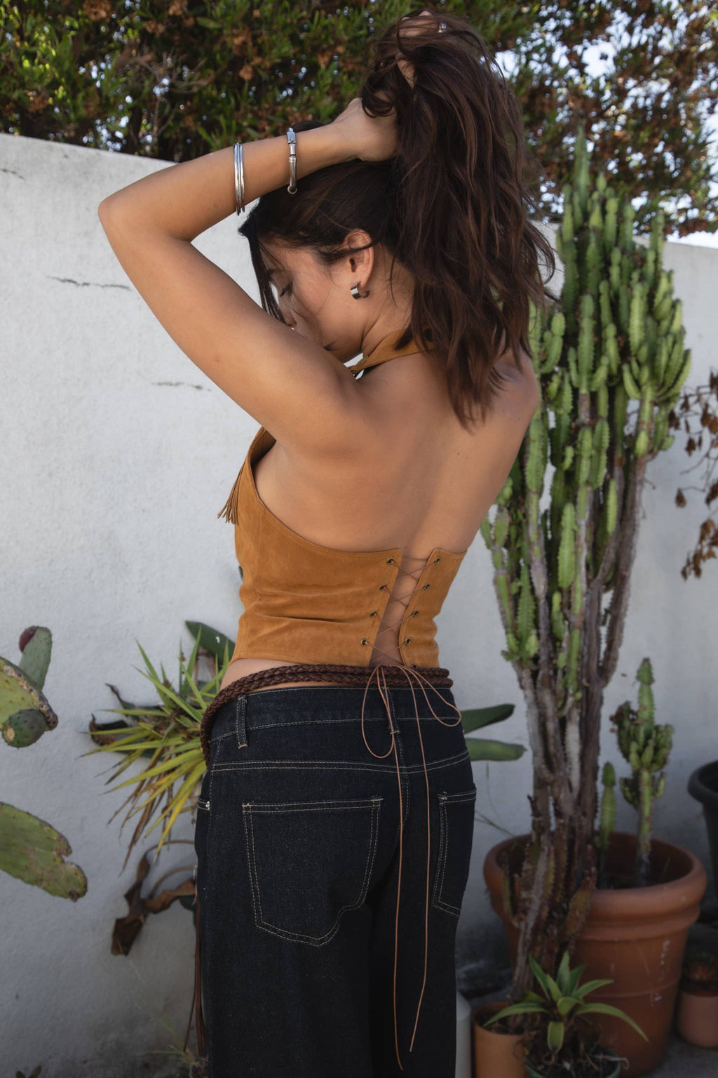 Low Open Back Faux Suede Fringe Halter Top: Marigold