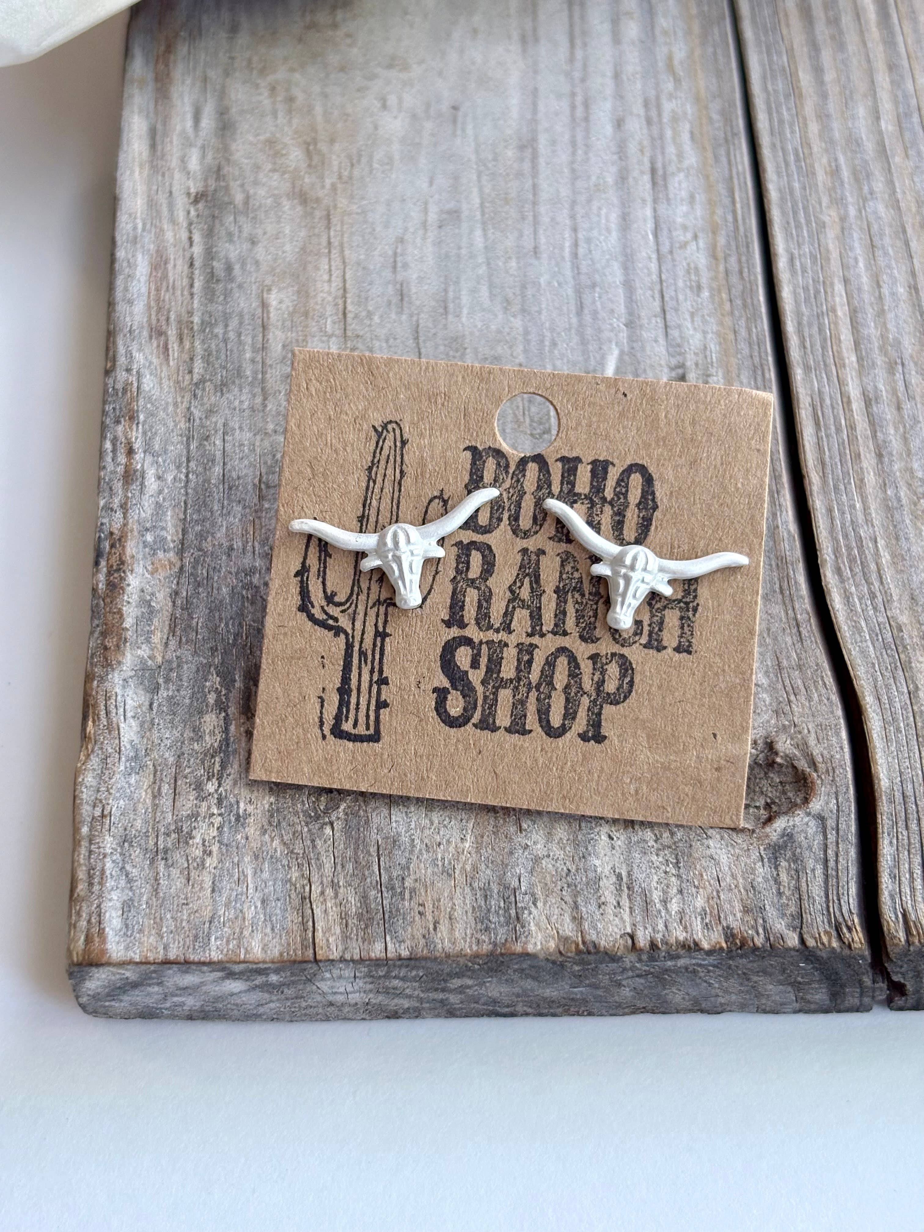 Western Theme Stud Earrings - Steer Longhorn Horse Shoe: Horseshoes Clear