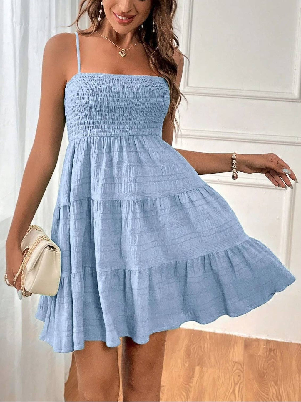Women’s Smocked Spaghetti Strap Tiered Mini Dress: Light Blue / 100% Polyester / M