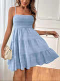 Women’s Smocked Spaghetti Strap Tiered Mini Dress: Light Blue / 100% Polyester / M