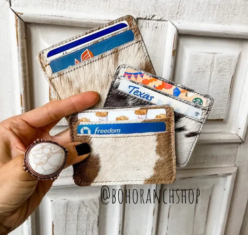Western Cowhide Credit Card Holder - Money holder: BROWN + WHITE COWHIDE