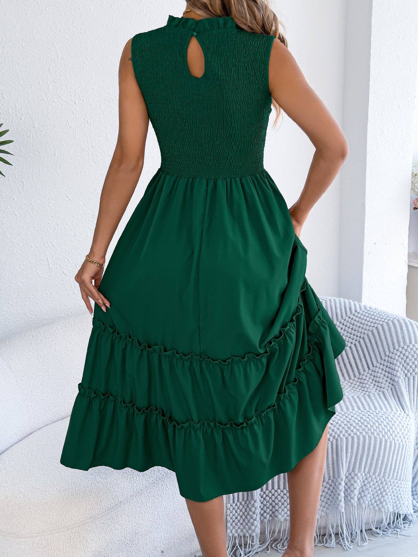 Smocked Sleeveless Ruffle Midi Dress Flowy Summer: Black / 95% Polyester+5% Elastane / L
