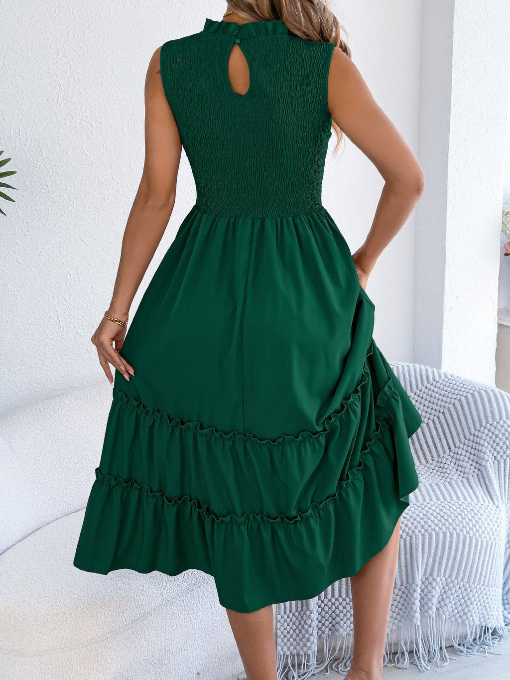 Smocked Sleeveless Ruffle Midi Dress Flowy Summer: Light Blue / 95% Polyester+5% Elastane / M
