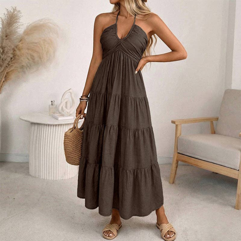 Women's Halter Tiered Maxi Dress Backless Boho Summer Vacation
