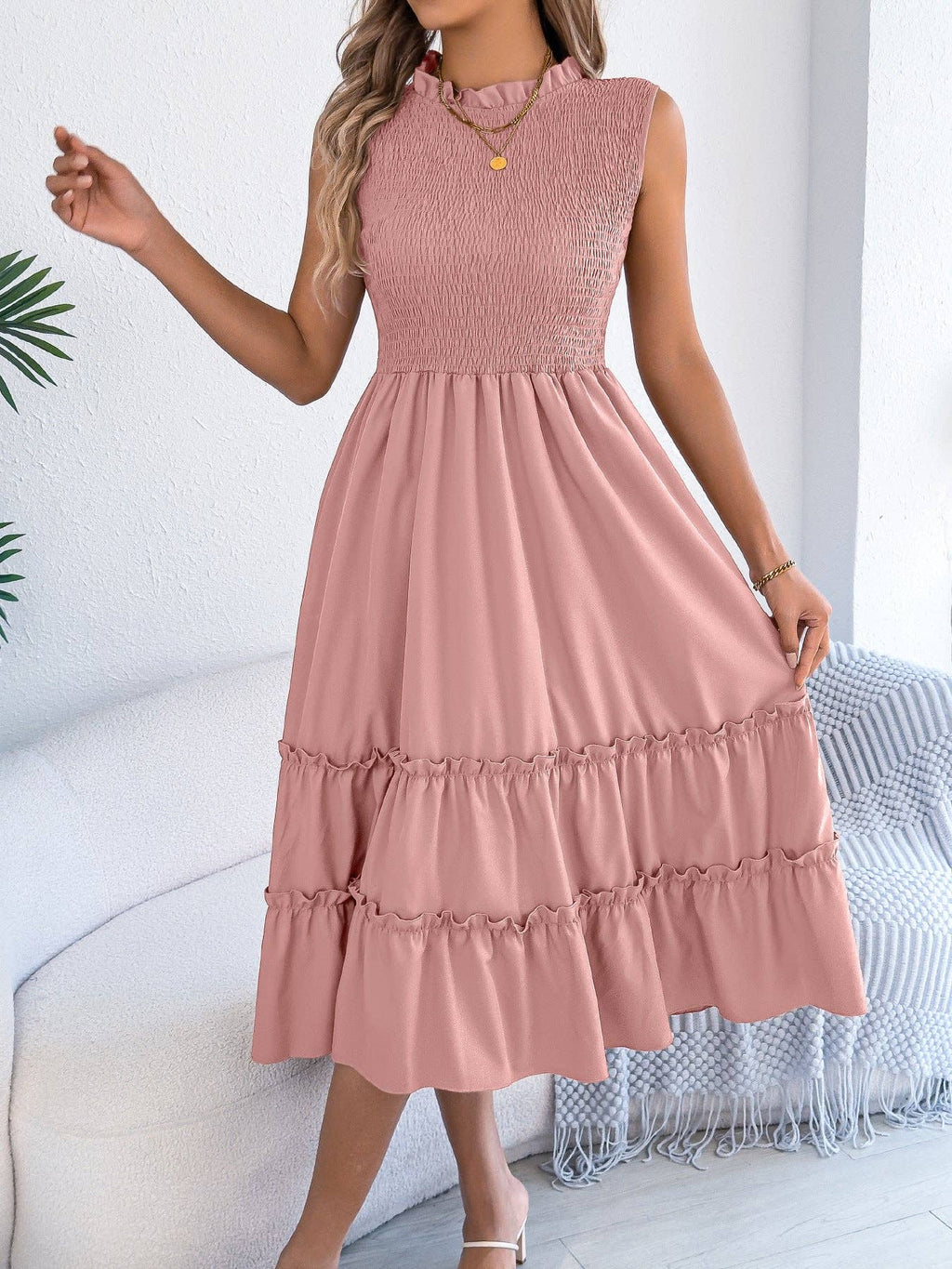 Smocked Sleeveless Ruffle Midi Dress Flowy Summer