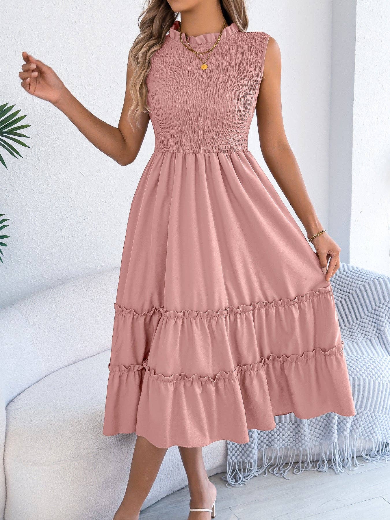 Smocked Sleeveless Ruffle Midi Dress Flowy Summer