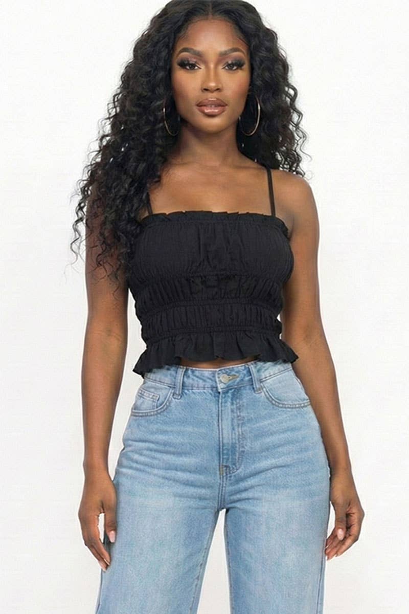 Tiered Shirred Body Crop Top: White