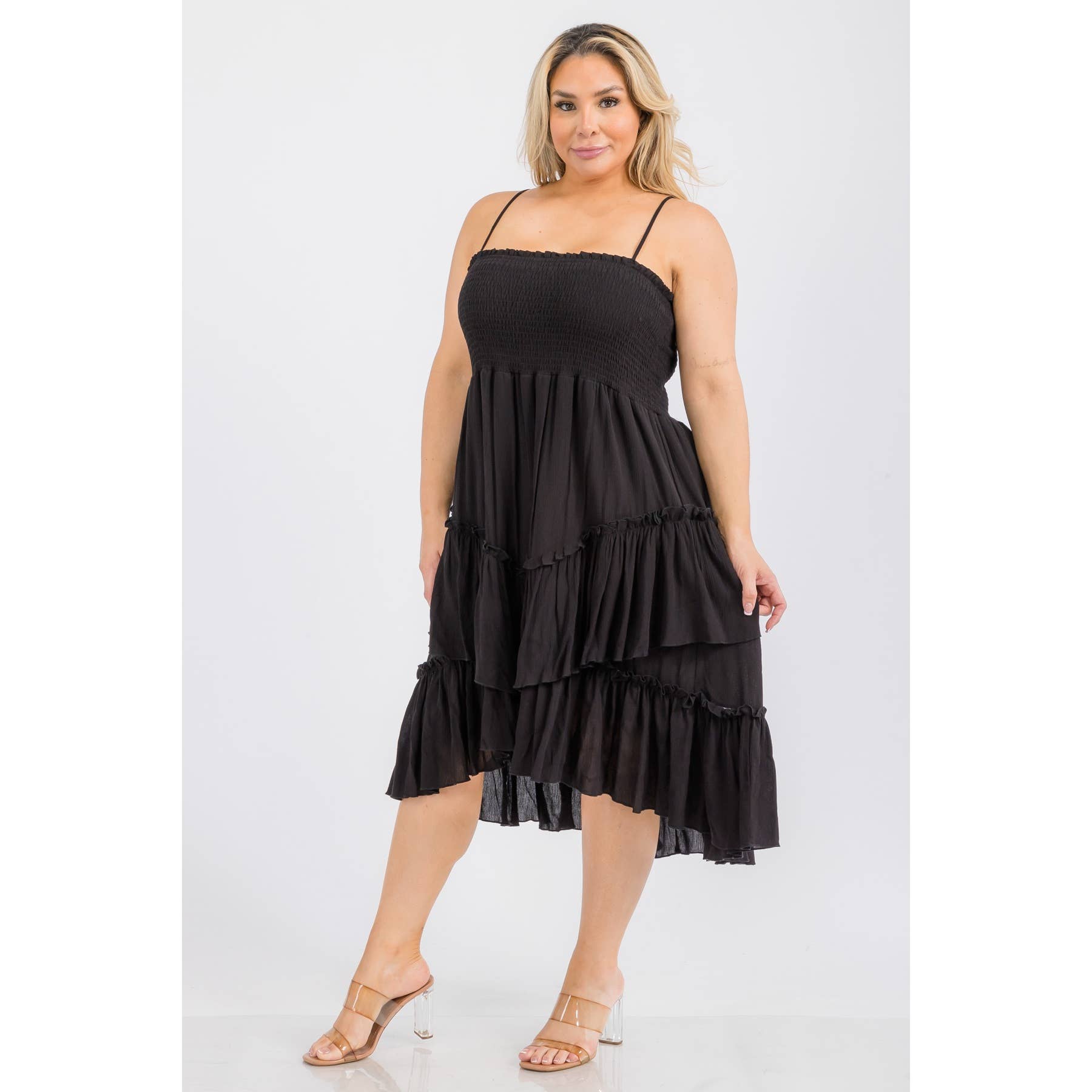 PLUS SIZE SQUARE NECK SMOCKED BODICE TIERED RUFFLE HEM MIDI : Black