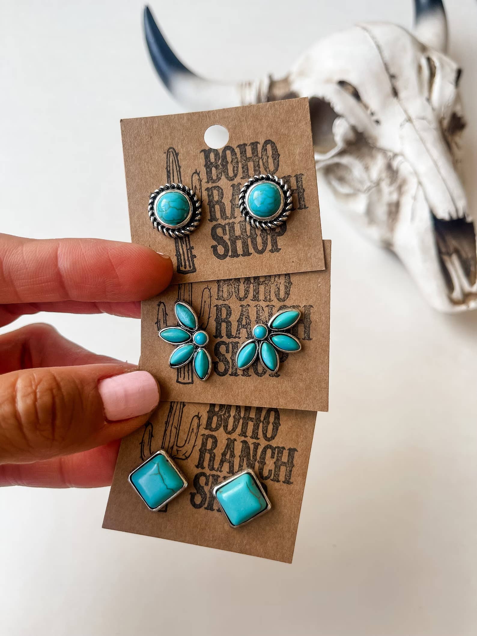 Western Turquoise Stud Earrings: Floral