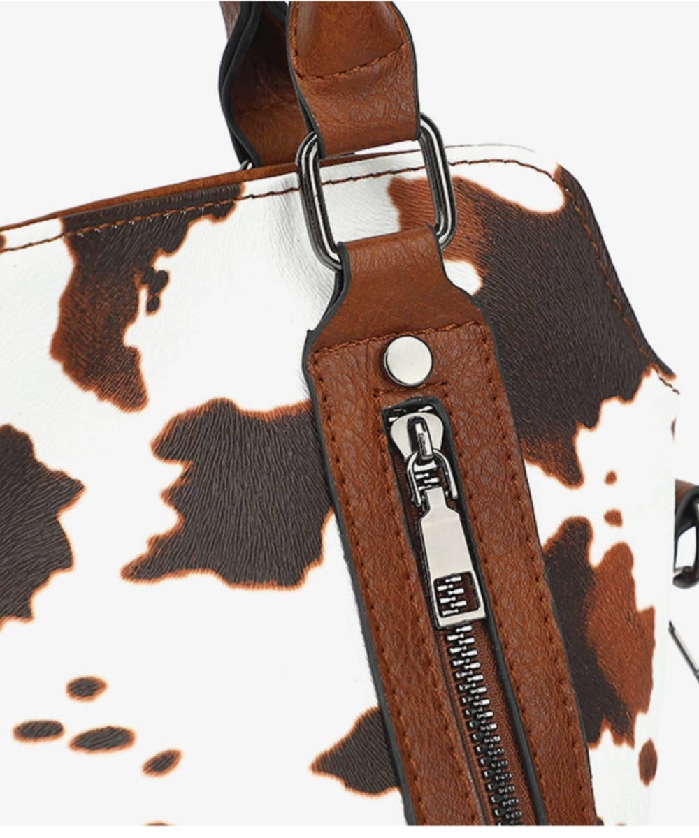 COW HANDBAG TOTE BAG CROSS BAG CLUTCH PURSE SET : Brown