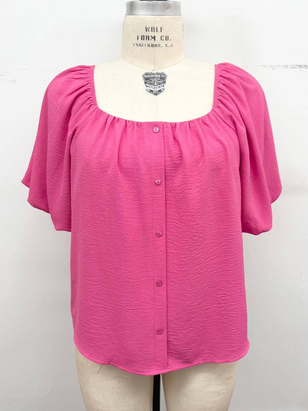 Plus Size Bubble Sleeve Button Front Blouse: Mocha
