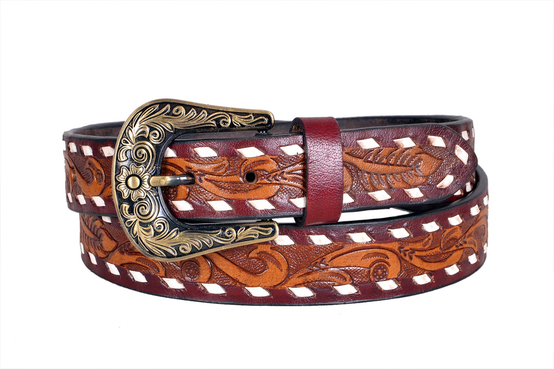 Tri Color Tooled Leather Belt 7Pc Prepack RMB 17