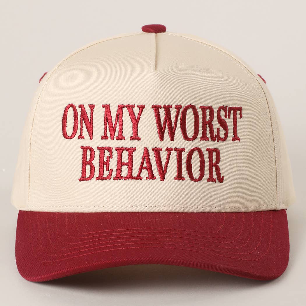 ON MY WORST BEHAVIOR Embroidered Trucker Hat: BROWN / One Size