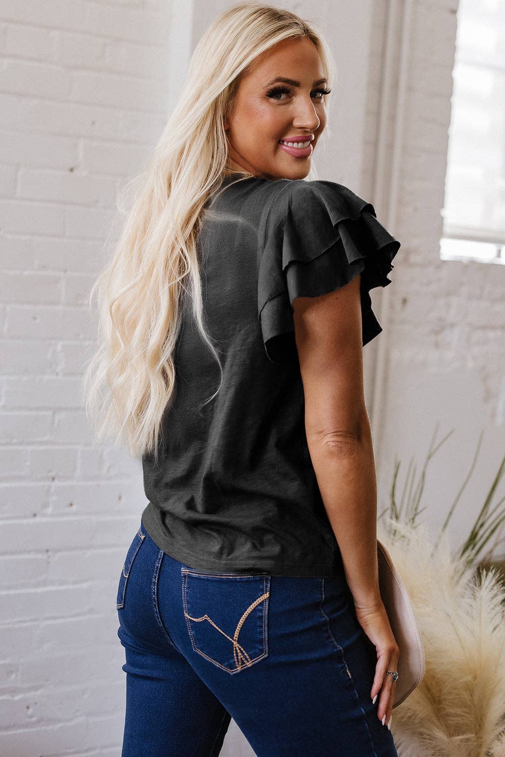 Dark Grey Ruffle Sleeve Tee Casual Summer Top: Dark Grey