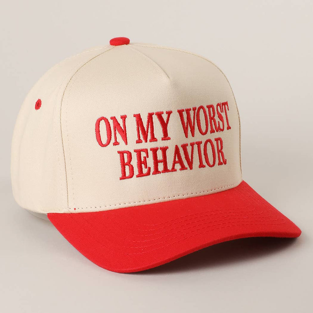 ON MY WORST BEHAVIOR Embroidered Trucker Hat: BROWN / One Size