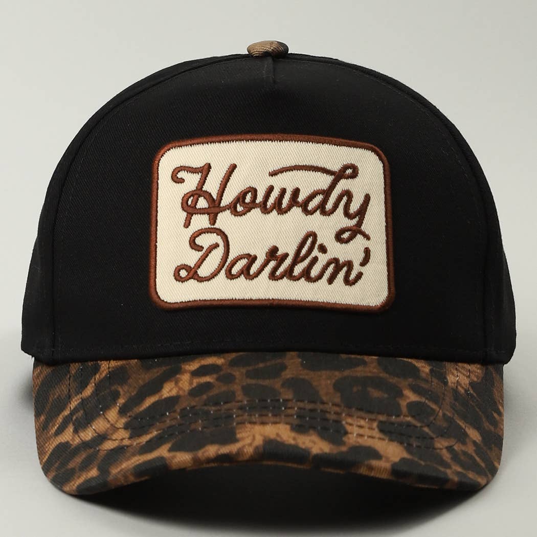 Howdy Darlin' Embroidered Leopard Brim Trucker Hat: BEIGE / ONE SIZE