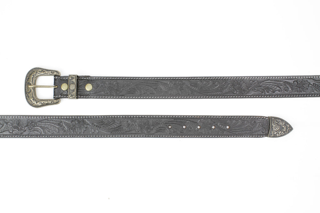 Black Tooled Leather Belt with Floral Filigree ABB 14-2630