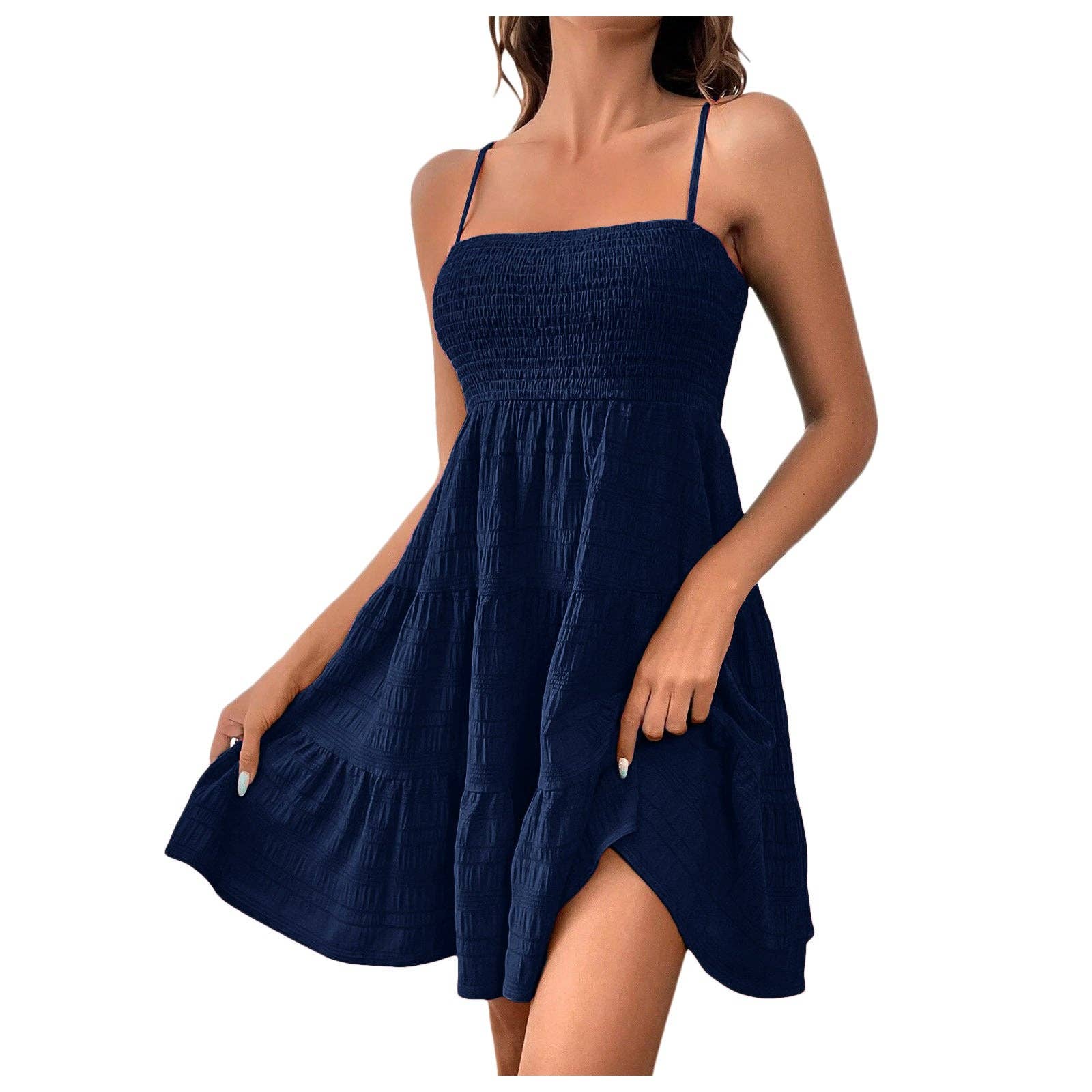 Women’s Smocked Spaghetti Strap Tiered Mini Dress: Light Blue / 100% Polyester / M
