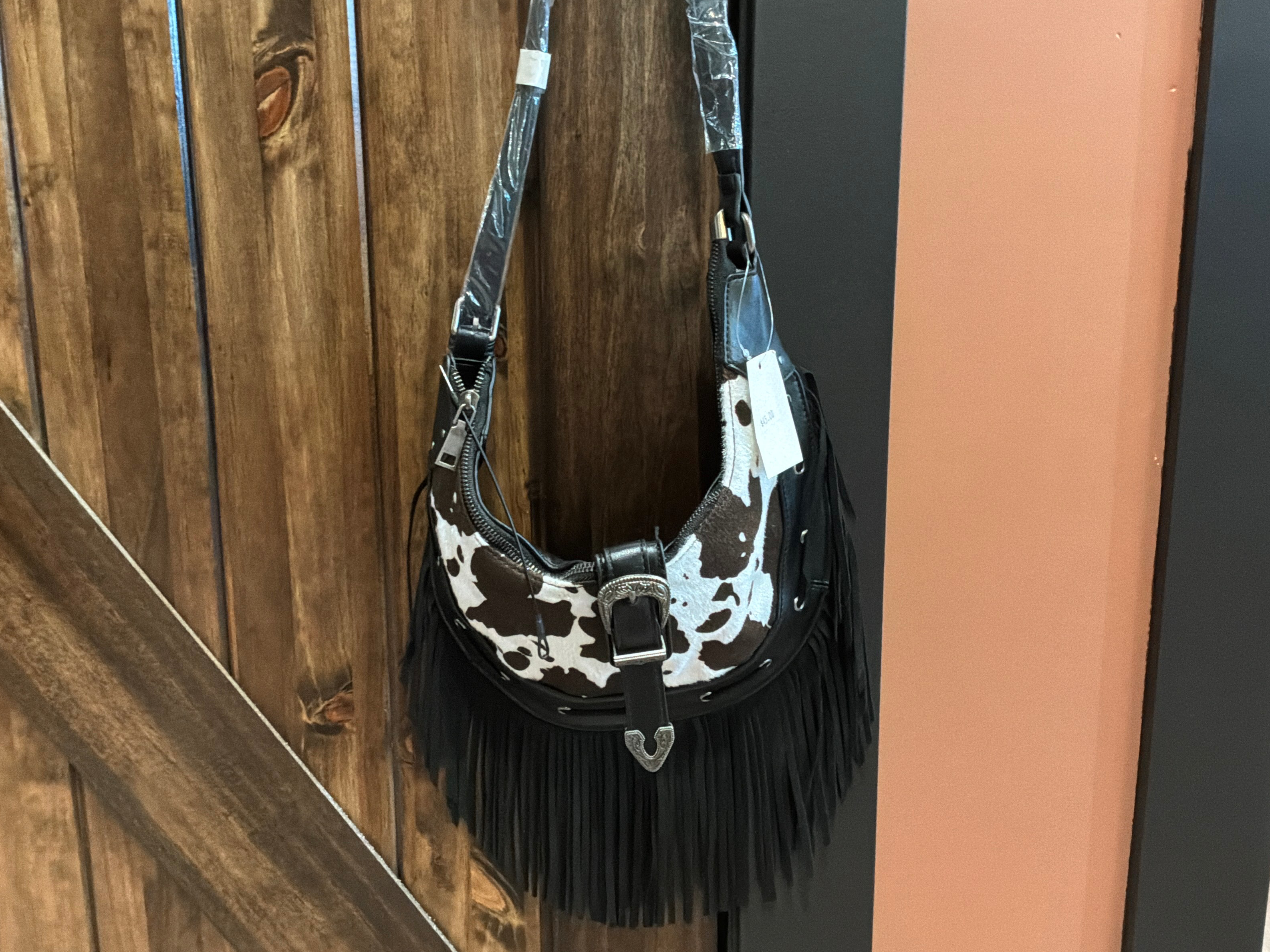 Cow Print Leather Fringe Bag - Cow Print Black