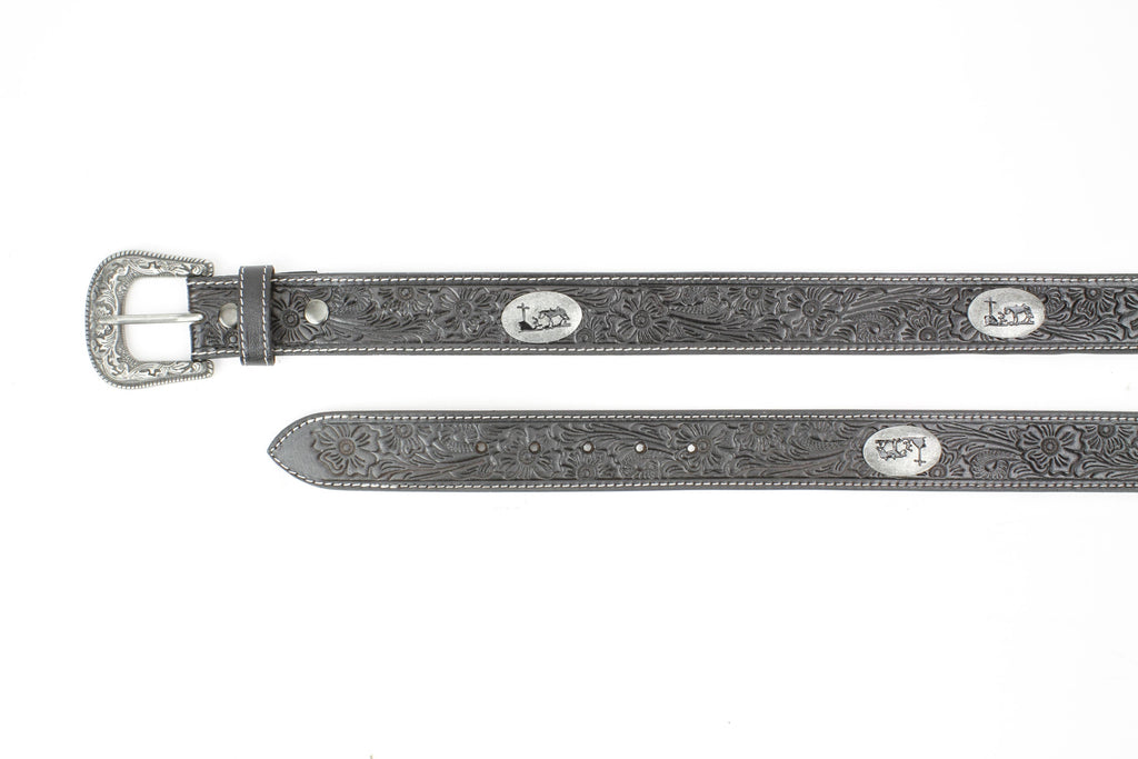 Tooled Leather Western Belt with Kneeling Cowboy