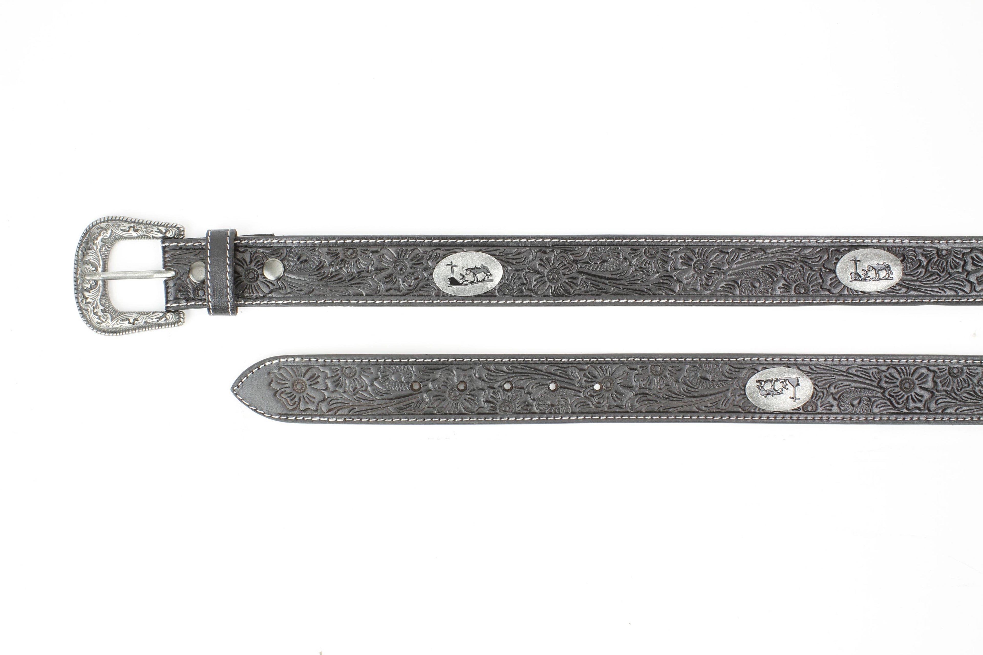 Tooled Leather Western Belt with Kneeling Cowboy