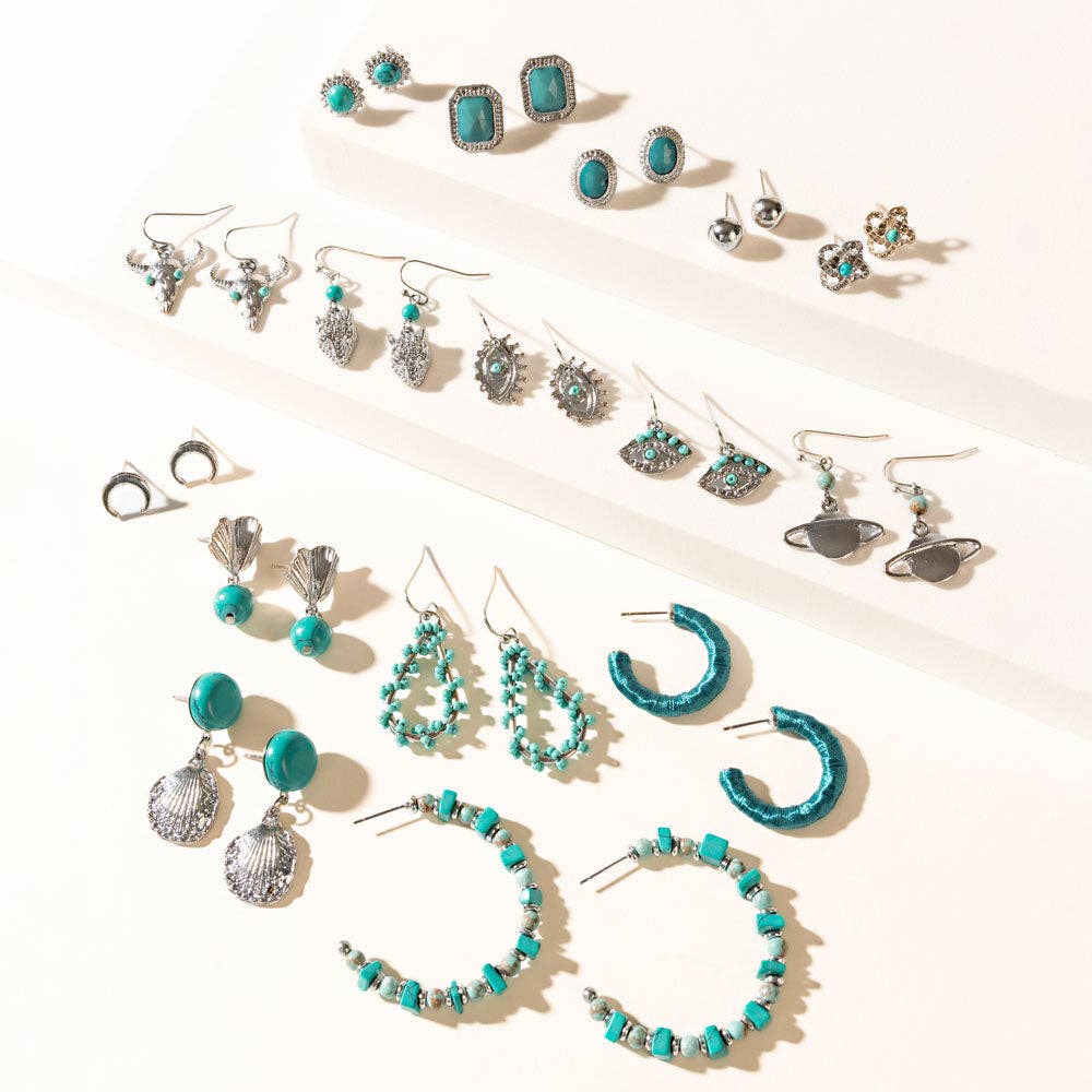 Turquoise Trails & Silver Tales Set of 16 Earrings: Single