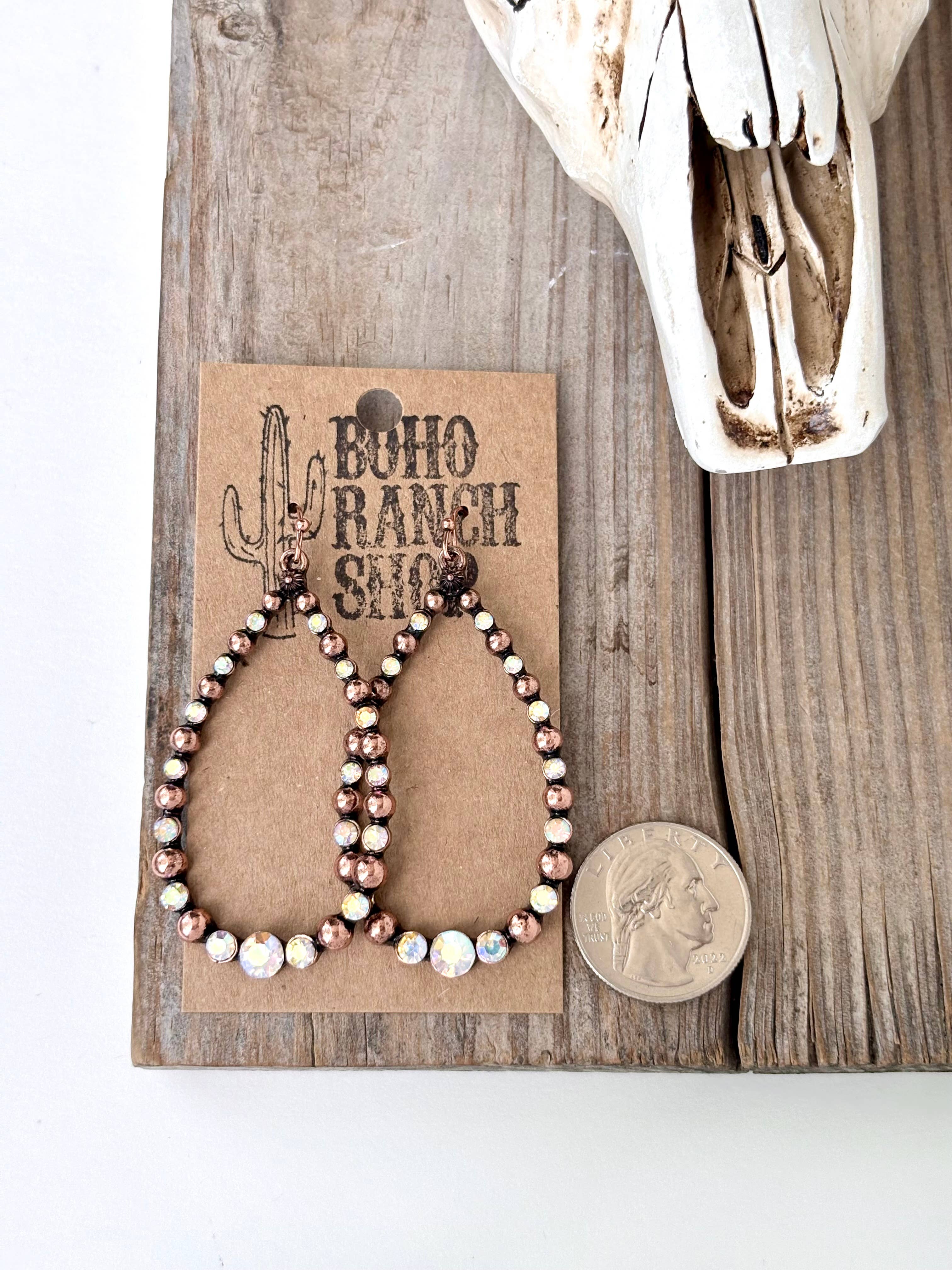Western Style Open Teardrop Rhinestone Hoop Dangle Earrings: Copper