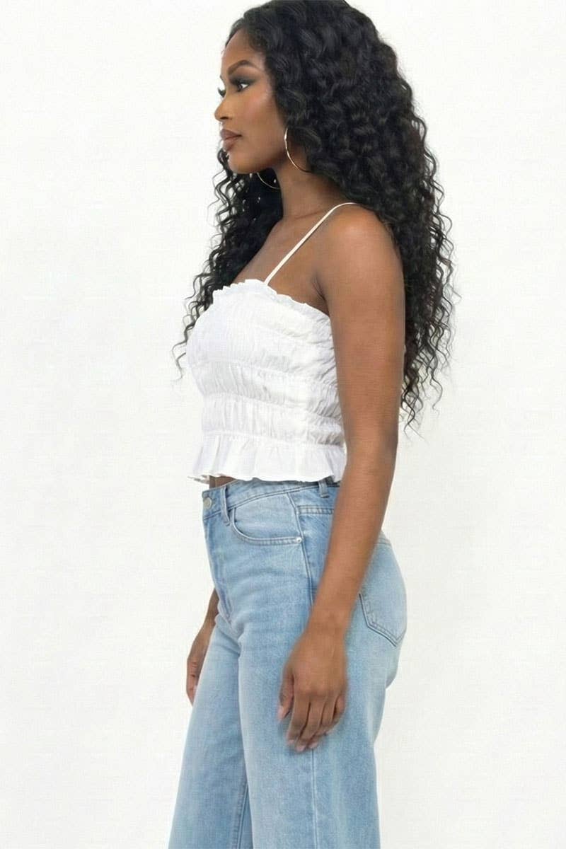 Tiered Shirred Body Crop Top: White