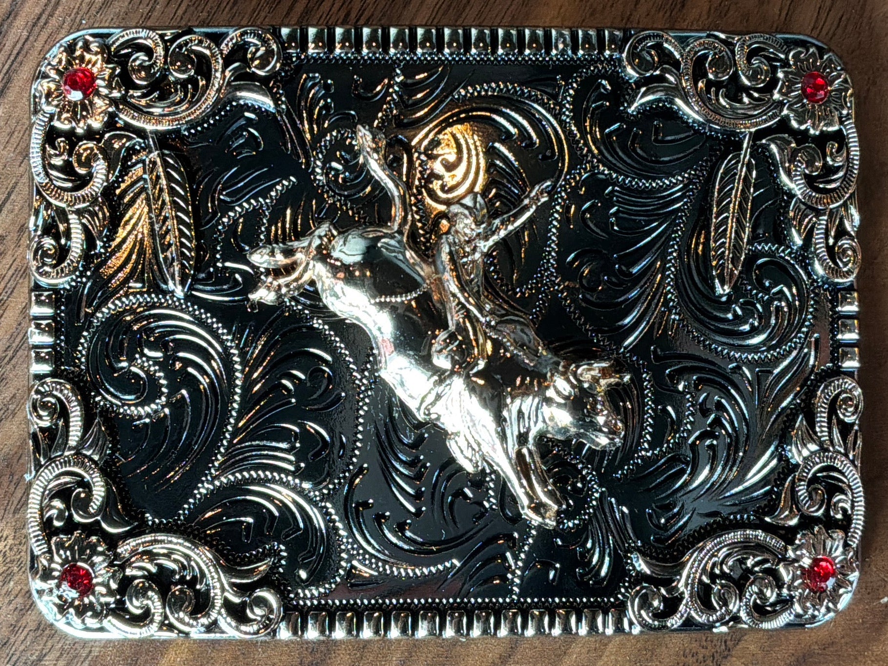 Rose Gold/Silver Red Stone Floral Bull Rider Belt Buckle