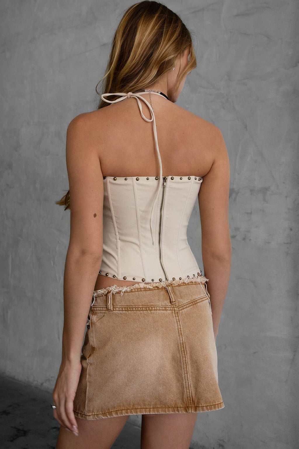 RAELYNN Embroidered Western Halter Bustier Corset Top: Brown