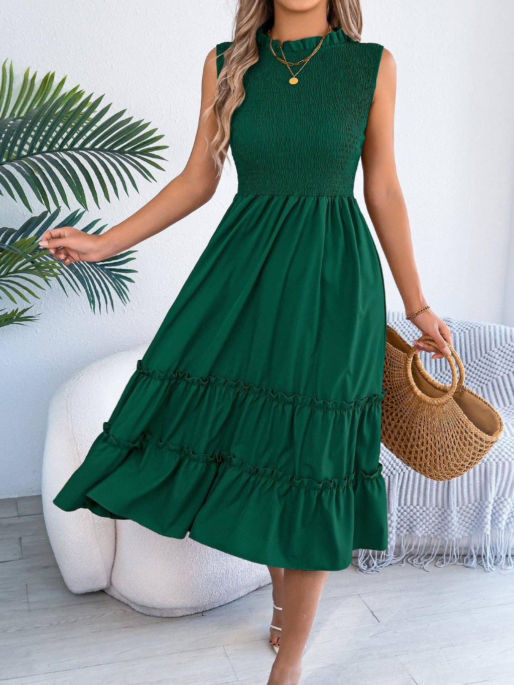 Smocked Sleeveless Ruffle Midi Dress Flowy Summer: Black / 95% Polyester+5% Elastane / L