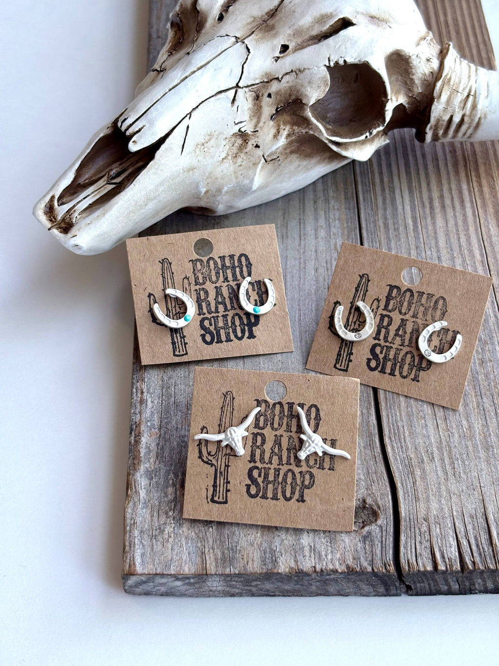 Western Theme Stud Earrings - Steer Longhorn Horse Shoe: Horseshoes Clear