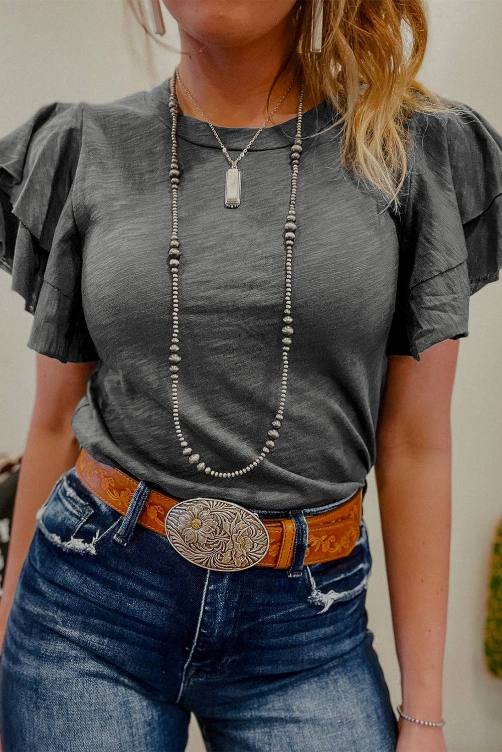 Dark Grey Ruffle Sleeve Tee Casual Summer Top: Dark Grey