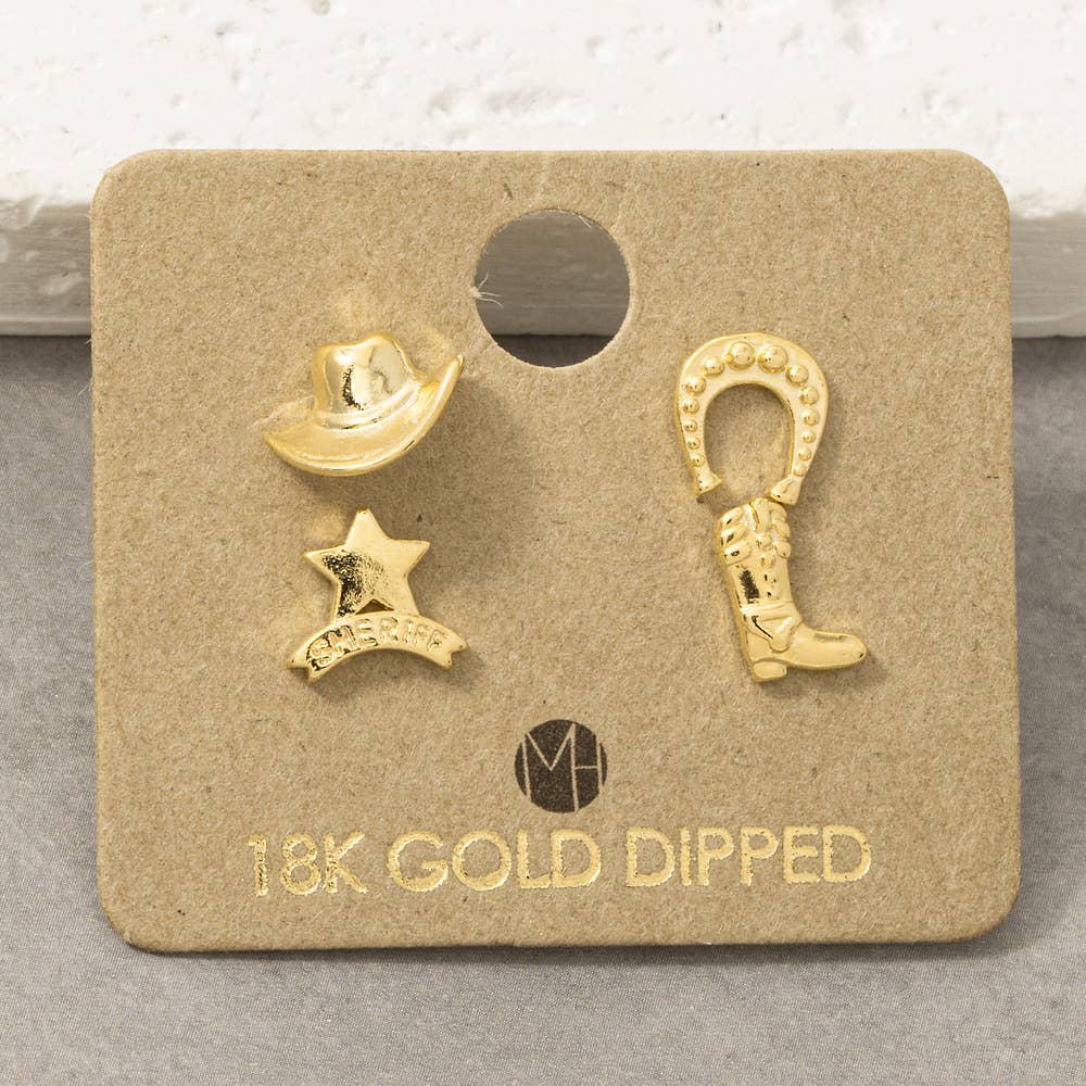 18K Gold Dipped Western Cowboy Stud Earring Set: G