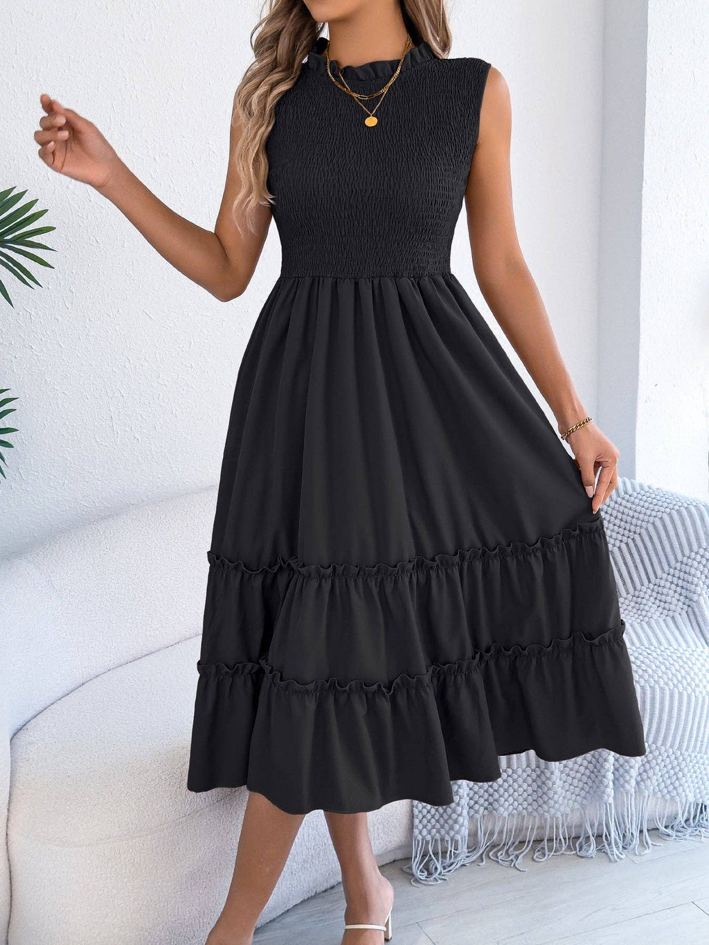 Smocked Sleeveless Ruffle Midi Dress Flowy Summer: Black / 95% Polyester+5% Elastane / L