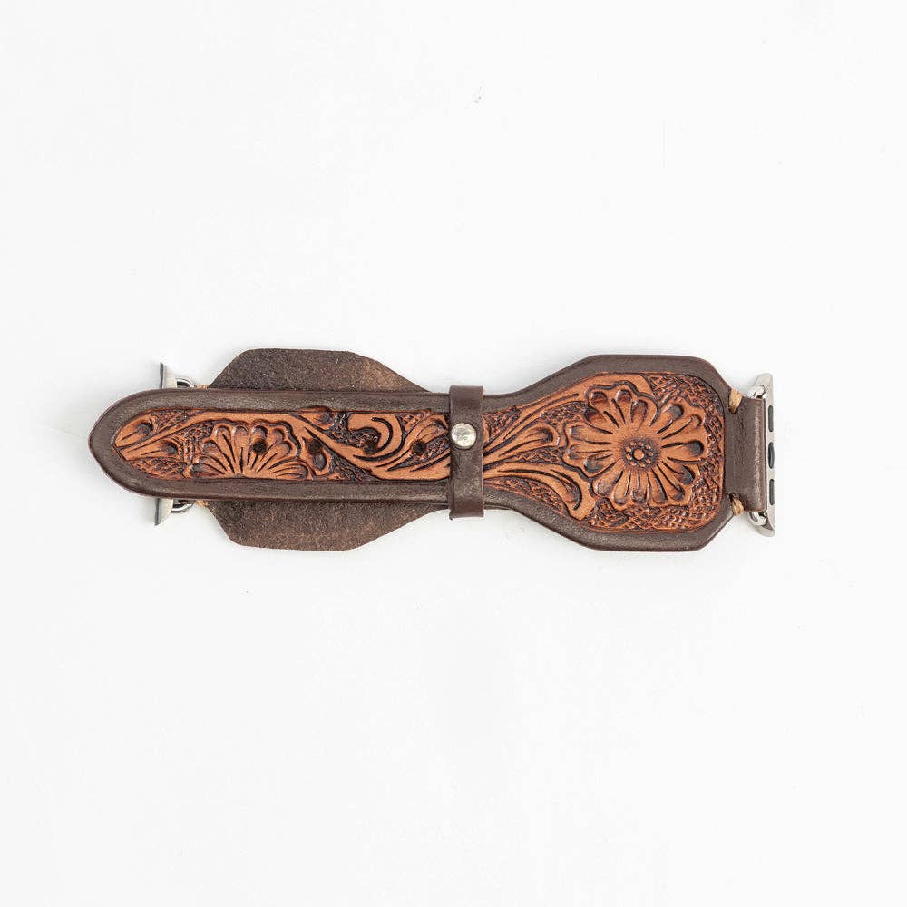 Lone Star Handtooled Leather Watch Band in Antique Mahogany