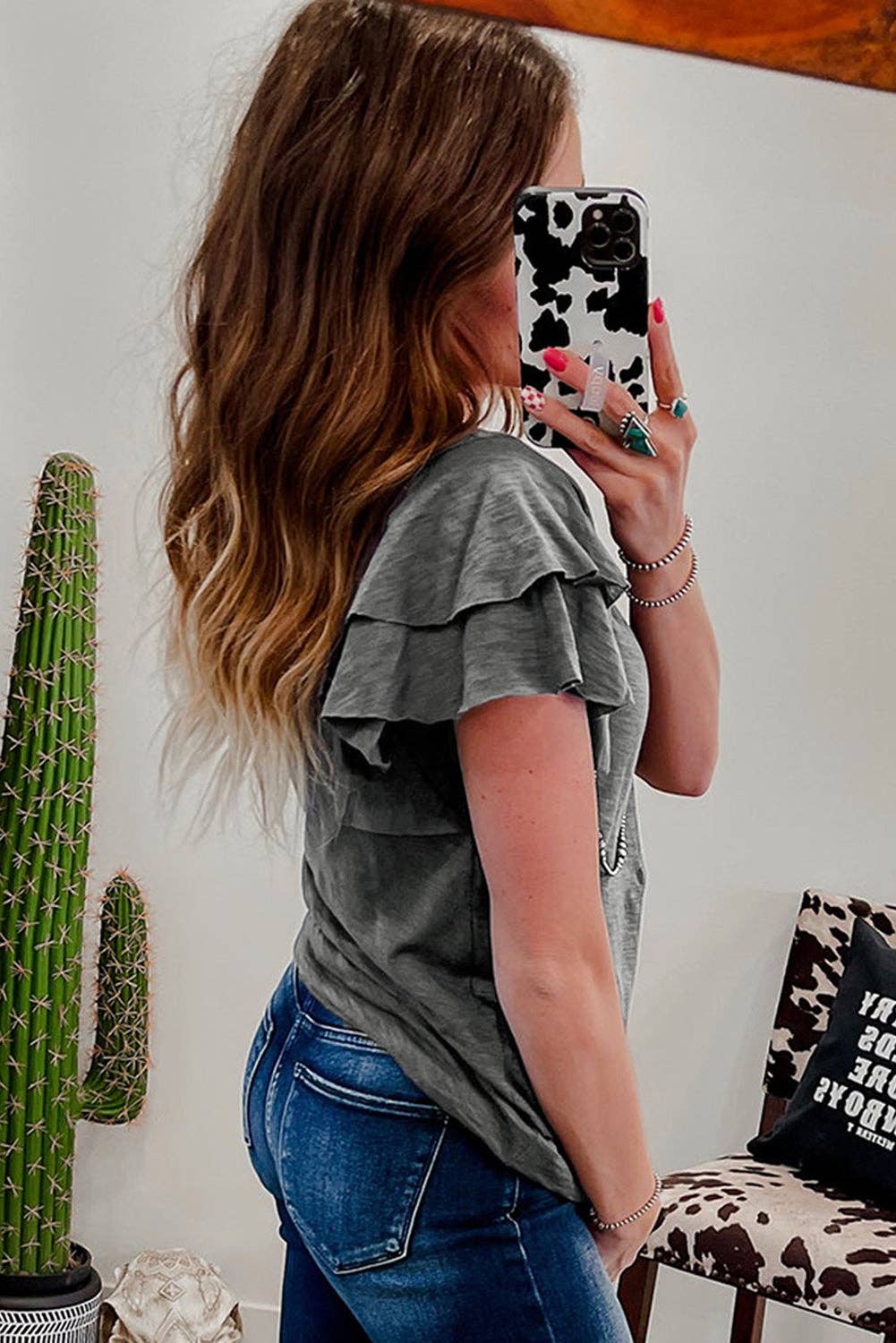 Dark Grey Ruffle Sleeve Tee Casual Summer Top: Dark Grey