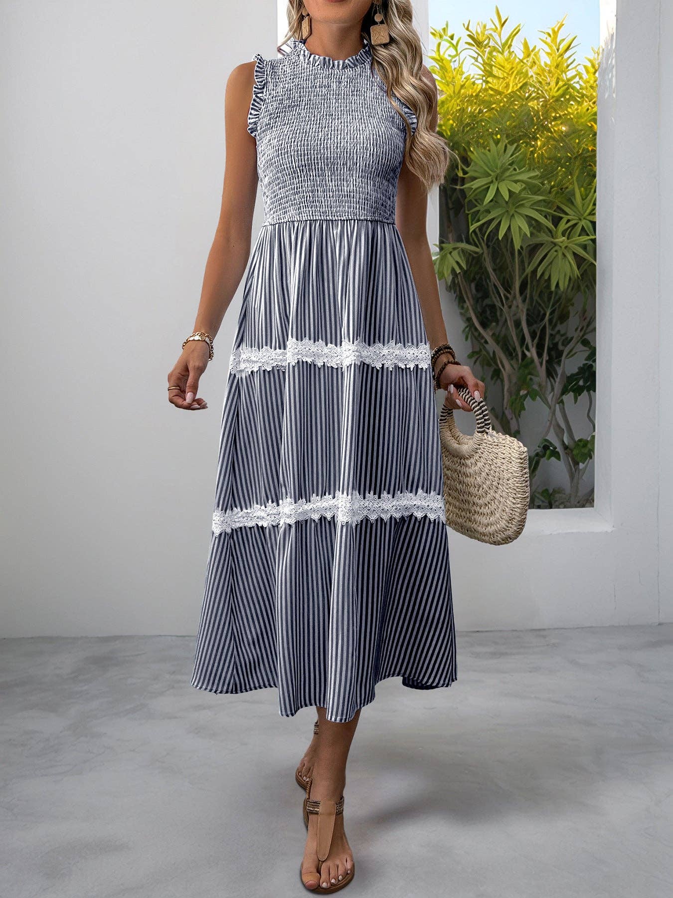Sleeveless Striped Lace Midi Dress Ruffled A-Line Summer
