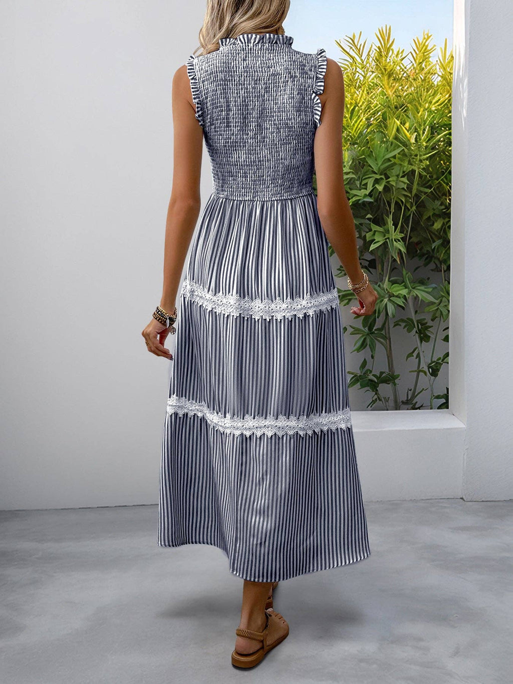 Sleeveless Striped Lace Midi Dress Ruffled A-Line Summer
