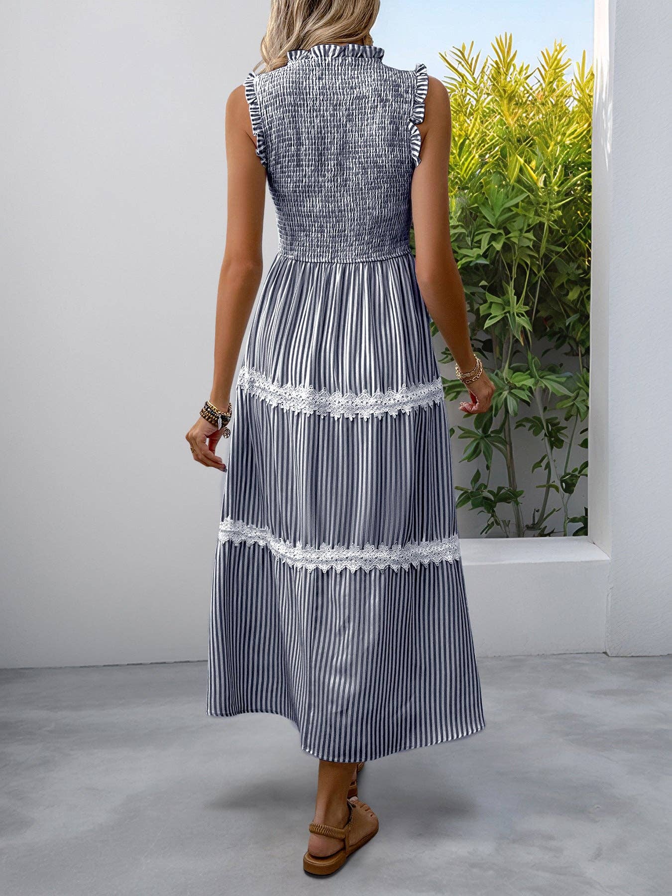 Sleeveless Striped Lace Midi Dress Ruffled A-Line Summer