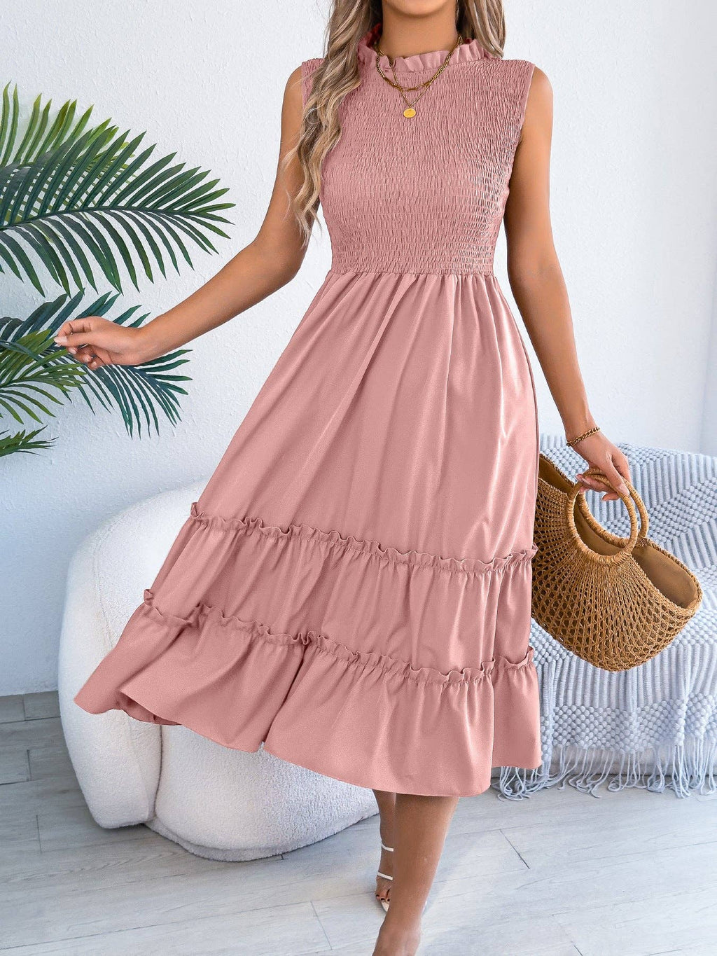 Smocked Sleeveless Ruffle Midi Dress Flowy Summer: Black / 95% Polyester+5% Elastane / L