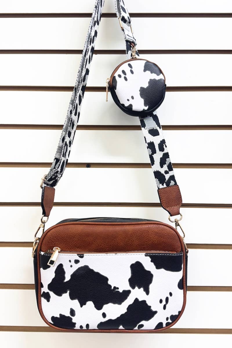 COW PRINT HANDBAG WITH COIN PURSE : Black