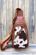 COW PRINT CROSSBODY SLING BAG PURSE : Brown
