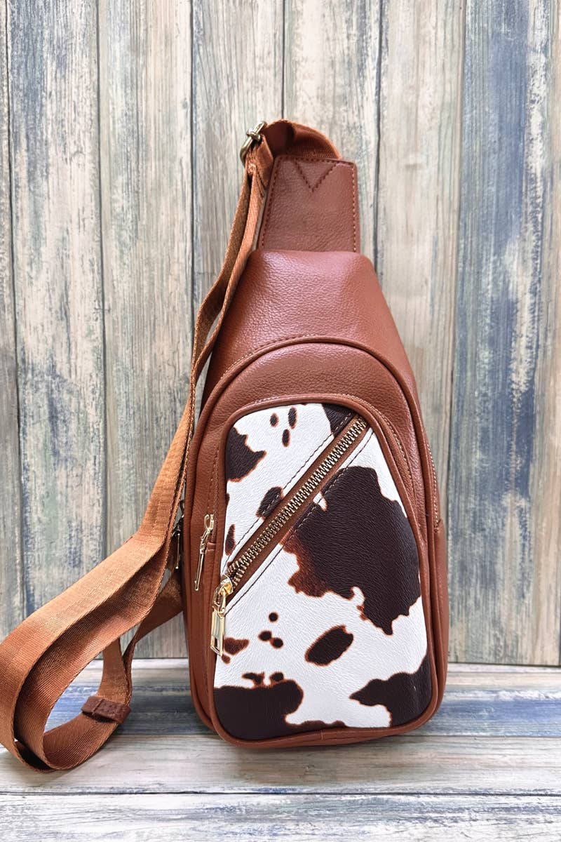 COW PRINT CROSSBODY SLING BAG PURSE : Brown