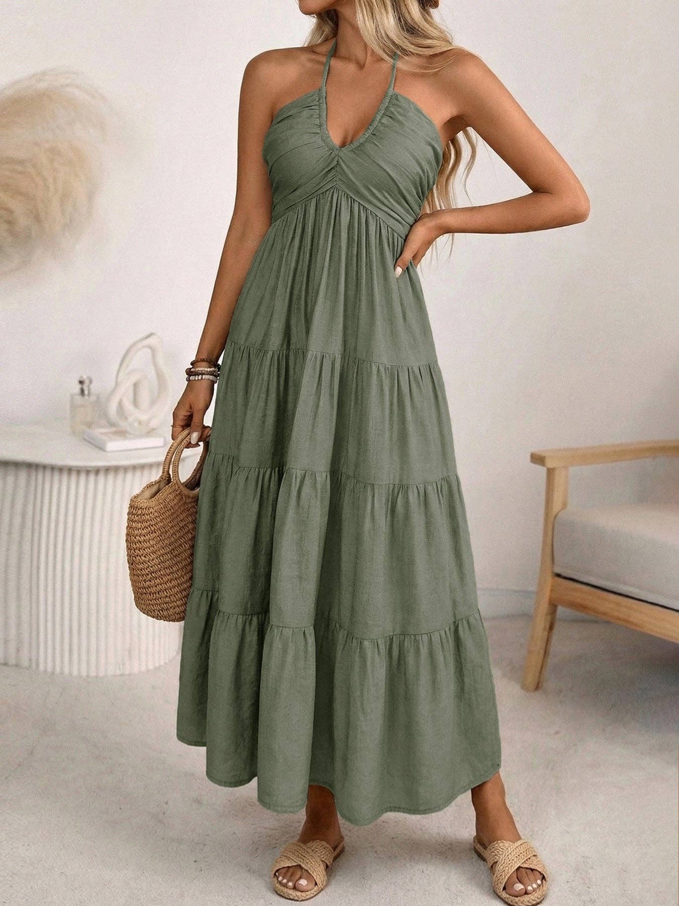 Women's Halter Tiered Maxi Dress Backless Boho Summer Vacation