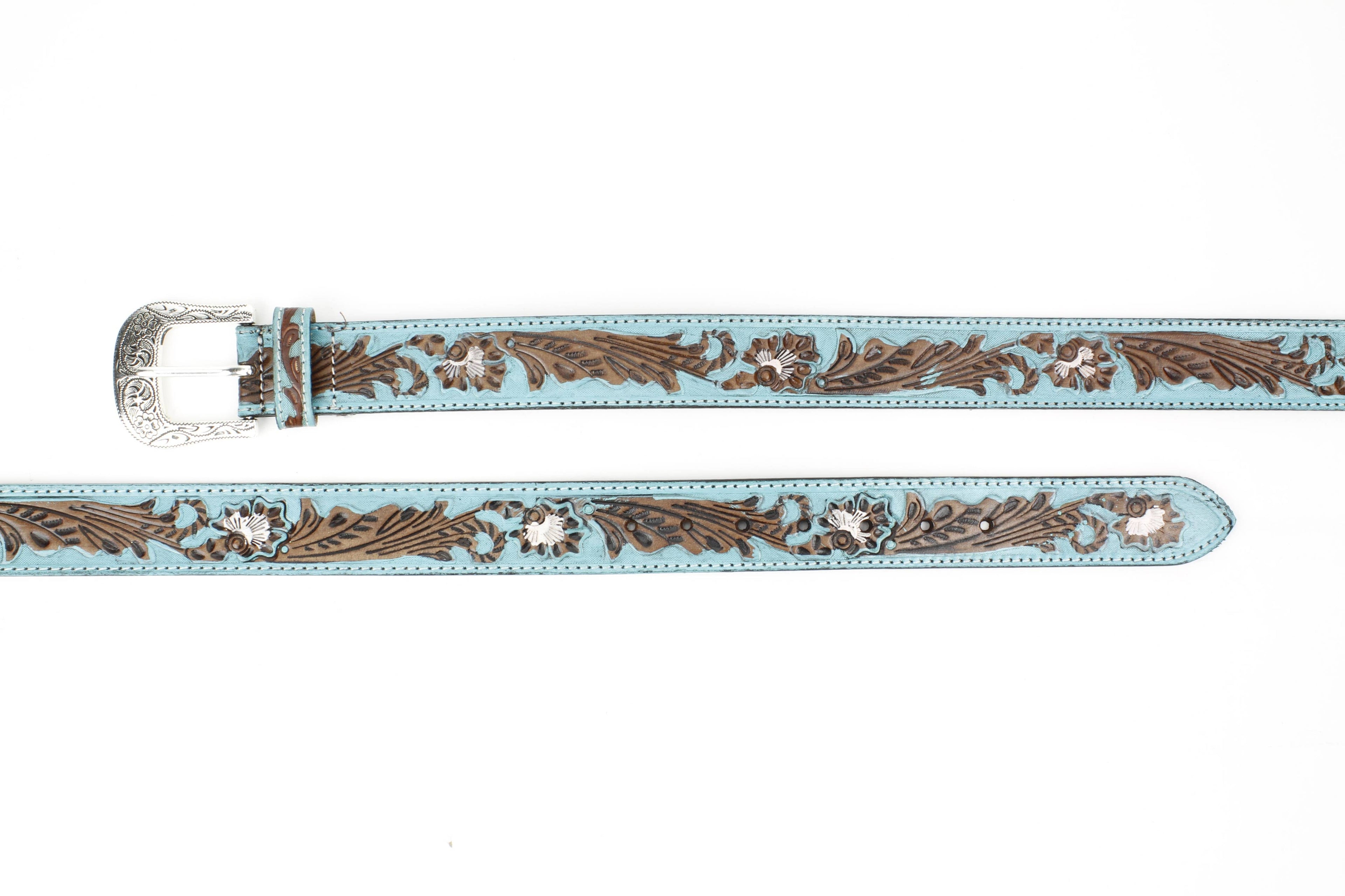 Turquoise Tooled Floral Belt Brown Accents ABB WST 09