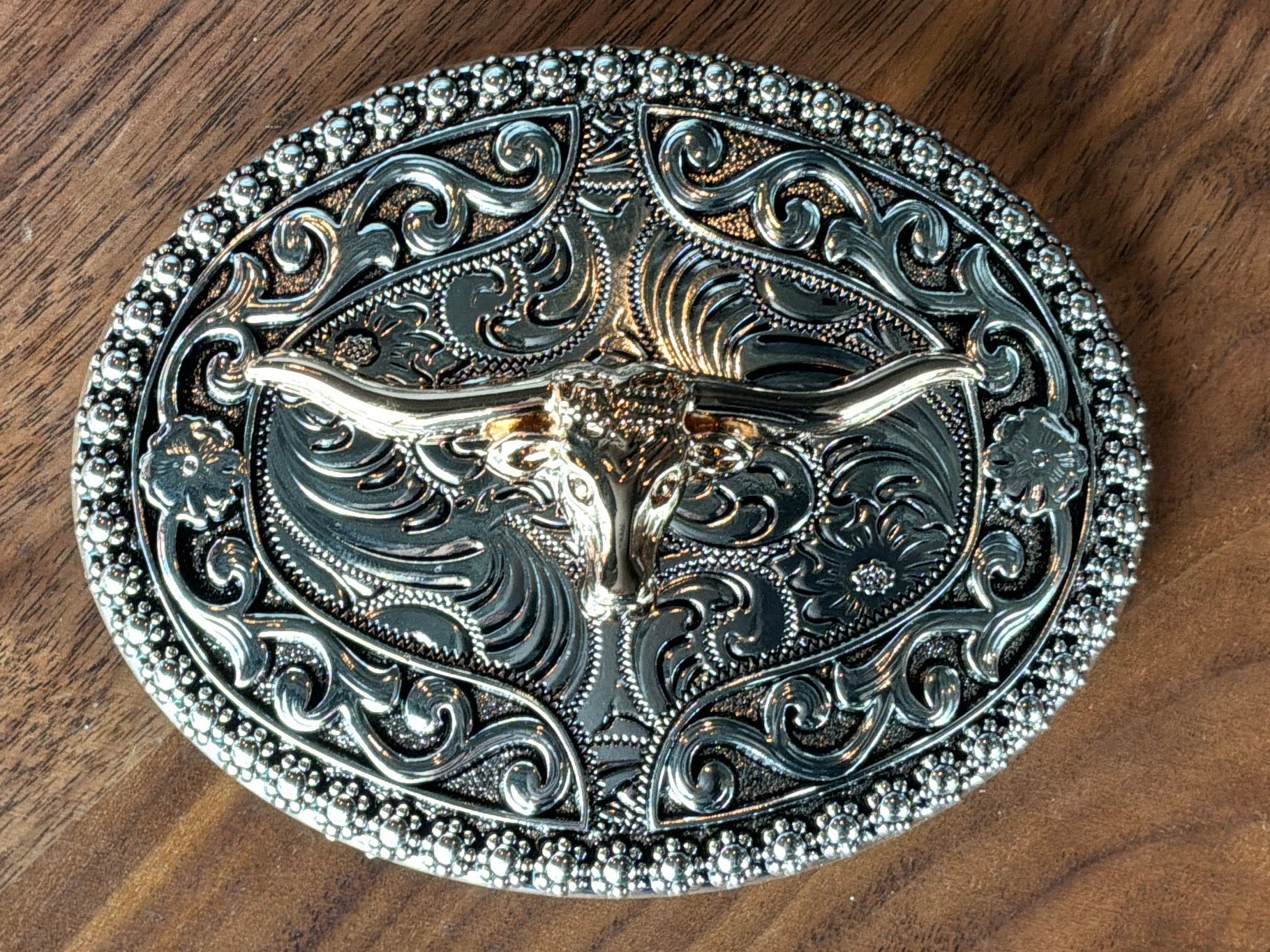 Silver/ Rose Gold Floral Longhorn Oval Belt Buckle